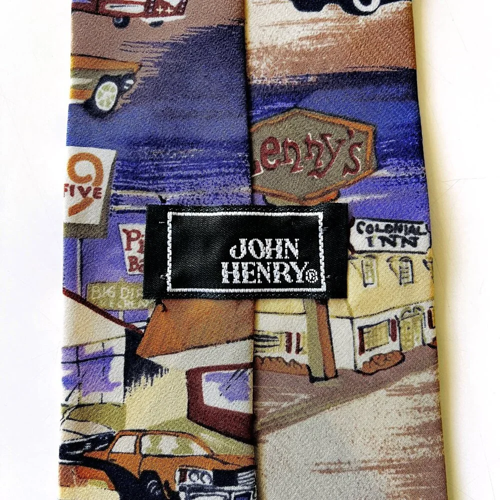 Vintage Men's John Henry 100% Silk Graphic Americana Novelty Print Necktie Tie